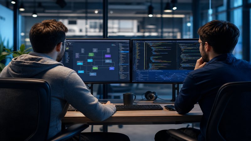 Developers comparing visual drag-drop bu