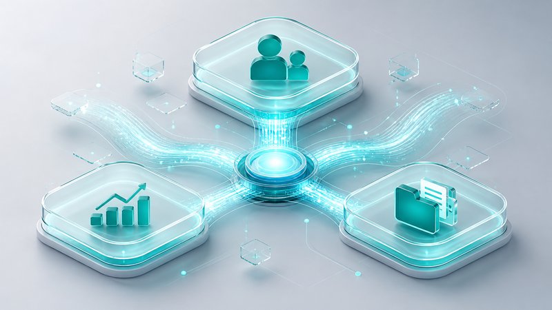 Connected ERP CRM OA hubs with flowing d