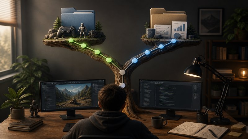 Git branch metaphor diverging into game