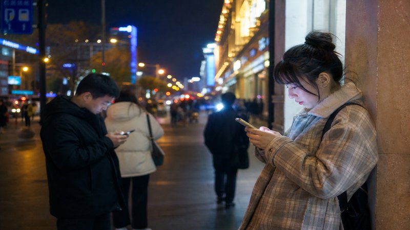 城市夜景中人们使用手机应用