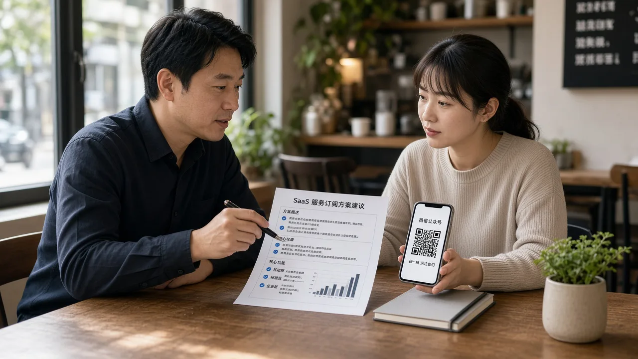 商务会议讨论系统方案并展示公众号二维码